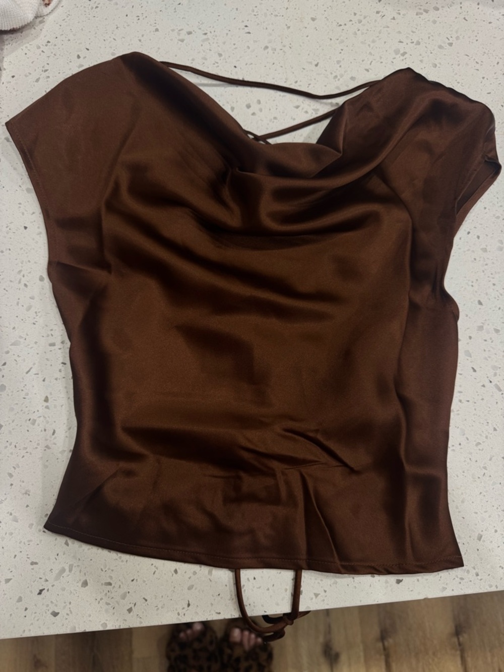 Satin Cowl Neck Sleeveless Top - Brown